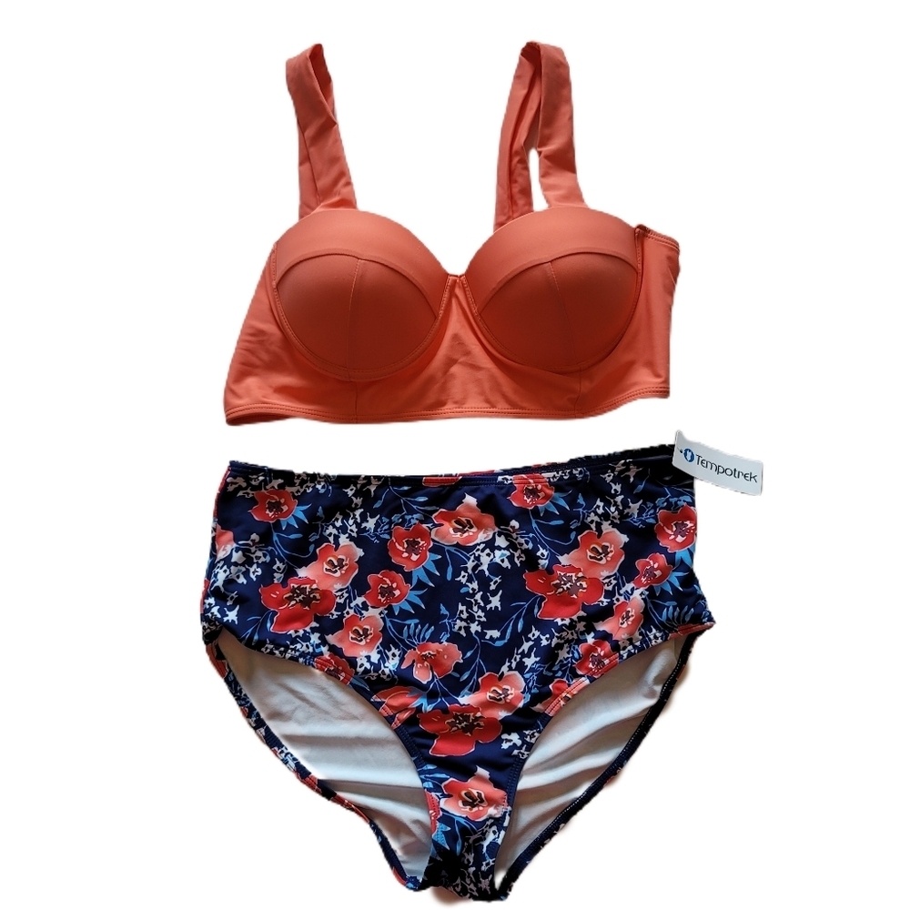Tempotrek 2 Piece Bikini Size XL  Floral Navy Neon